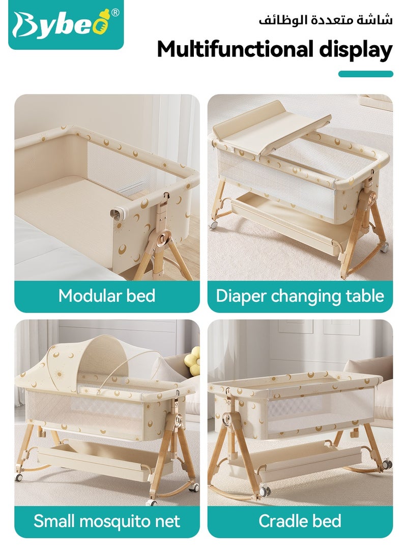 Bybeo Baby Bedside Crib, Wooden Babies Bed with 360° Swivel Wheels, Portable Folding Bassinet for Infant Newborn, Nursery Beds with Mosquito Net, Mat, Sotrage Basket, Diaper Changing Station, Installation Free - Image 4
